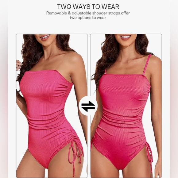 Elegant Ribbed Vibrant Pink
Full coverage 
Ruched & Tie Sides
Removable straps - Picture 3 of 6